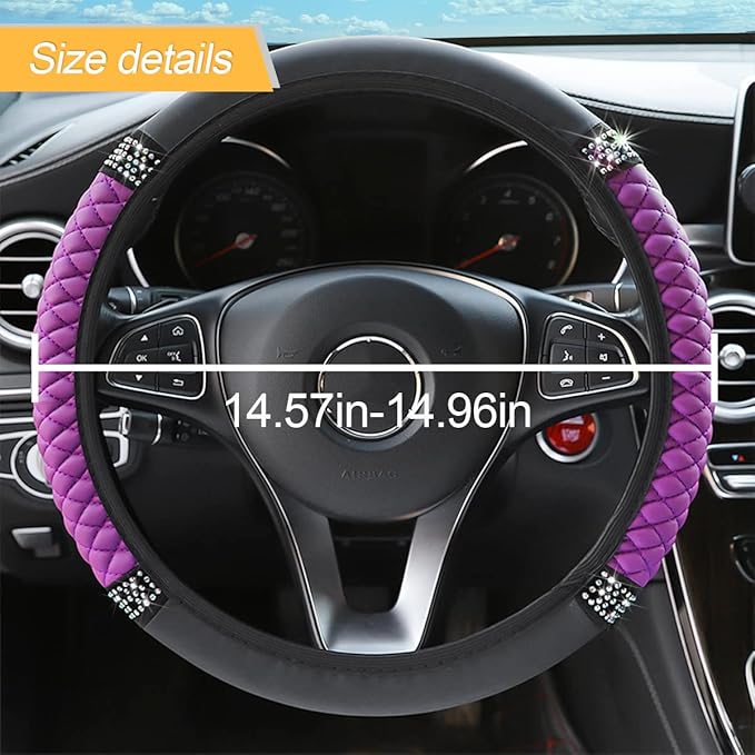 Bling Soft Leather Steering Wheel Cover, 15 Inch Colorful Rhinestones Auto Elastic Steering Wheel Protector, Sparkly Crystal Diamond for Women Girls, Car Accessories for Most Cars (Purple)