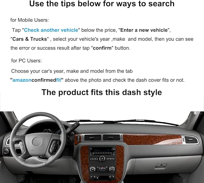 Dashboard Cover Dash Mat Fit for 2007-2014 Chevy Chevrolet Tahoe Suburban,2007-13 Chevy Avalanche Silverado 1500 2500 3500 LTZ /2007-13 GMC Sierra SLT Denali,2007-14 GMC Yukon XL (Dark Gray) Y24