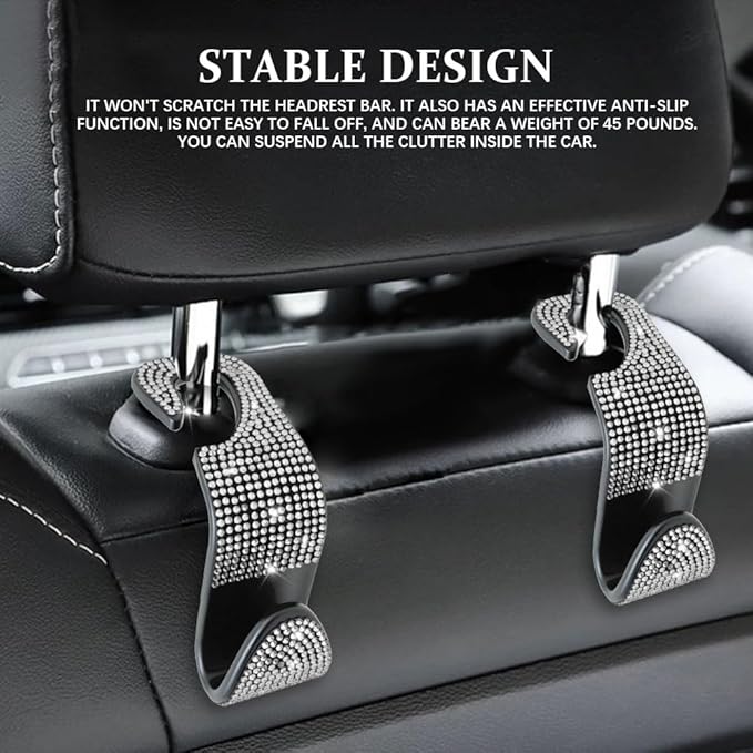 2PCS Car Seat Hooks, Purse Hook for Car, Crystal Rhinestone Vehicle Backseat Purse Holder, Auto Accessories Diamond Auto Seatback Storage Organizer Hanger for Handbag Clothes Purse (White)