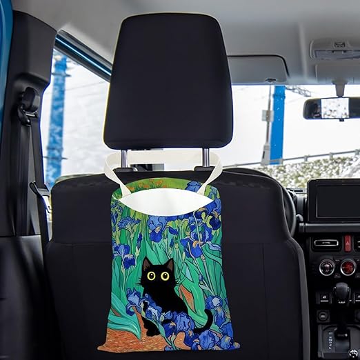 Pykfrhh Black Cat Car Trash Bag, Car Trash Bag Hanging, Waterproof Cars Back Seat Hanging Organizer and Storage Trash Bags for Vehicle Travelling Camping Irises Decor