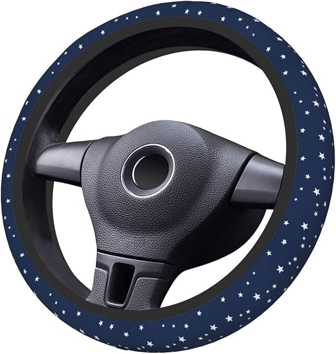 Stars Navy Blue White Car Steering Wheel Cover, 15 Inch Steering Wheel Cover Stylish Decor for Most Cars