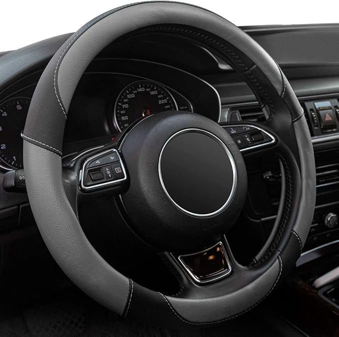 Xizopucy Steering Wheel Covers Gray Universal Microfiber Leather, Suitable for 14 1/2-15 inch Car Steering Wheel Cover, Breathable, Anti Slip & Odor