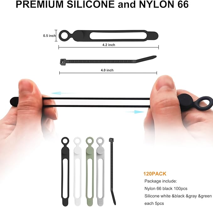 120 Pcs Cable Organizer Set, 20pcs Silicone Cable Ties Reusable & Nylon Cable Ties 100pcs, Multipurpose Elastic Cord Management Organizer for Charger, USB, Phone, Data Cables - Black White Green Grey