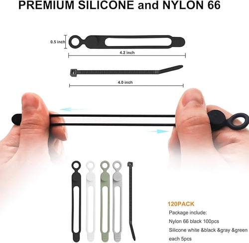 120 Pcs Cable Organizer Set, 20pcs Silicone Cable Ties Reusable & Nylon Cable Ties 100pcs, Multipurpose Elastic Cord Management Organizer for Charger, USB, Phone, Data Cables - Black White Green Grey