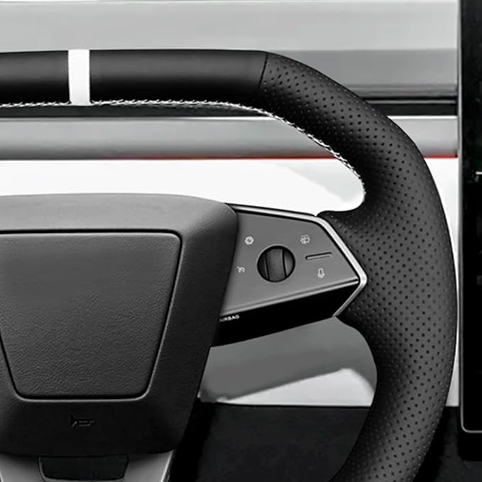 Steering Wheel Cover for Cybertruck Hand Stitching DIY Nappa Leather Steering Wheel Cover with White Center Mark (Black with White)