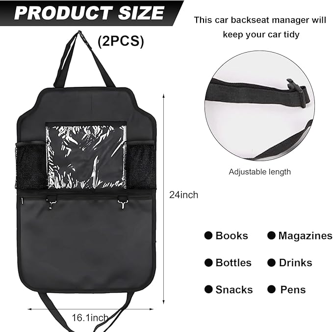 2 PCS Car Backseat Organizer, Heavy Duty Seat Back Storage Bag with Touch Screen Tablet Holder, Waterproof Kick Mats Back Seat Protector for Kids Toddlers, Car Accessories (Zipper)