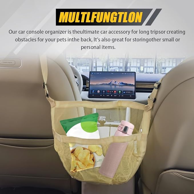 Car Mesh Organizer, Between Seat Car Organizer, Barrier of Backseat Pet Kids, Universal Car Interior Accessories Net Pocket Vehicle Mesh Organizer Suitable for Most Cars, SUVs (Dark Khaki)