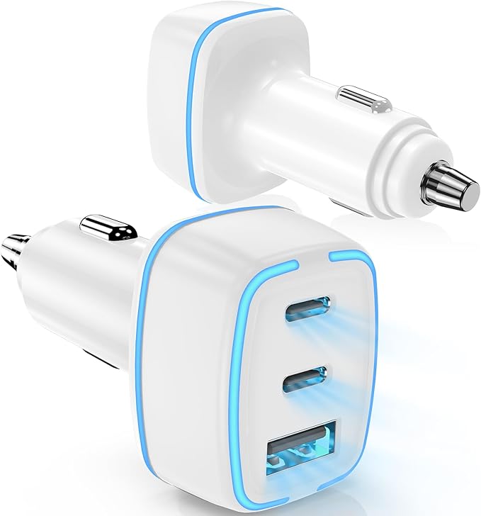 USB C Car Charger, 3 Port PD Super Mini Cigarette Lighter Adapter, 2Pack USB-C & A Fast Car Charging for iPhone 16/15 Pro Max, Galaxy S25/S24, iPad, Pixel, Android Phones,White