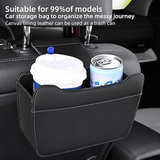 Car Leather Trash Can for Headrest, Hanging Garbage Bin, Waterproof Foldable Stroage Organizer for Car, Multipurpose Interior Accessories for SUV Truck RV Camping (White Seat headrest)