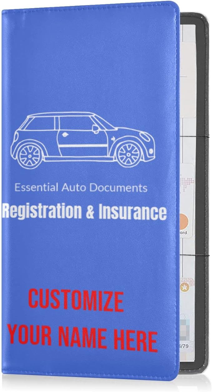 Caihoyu Custom Car Registration and Insurance Card Holder Personalized Leather Glove Box Organize Men Women Wallet Accessories Case for Cards, Essential Document Driver License Royal Blue