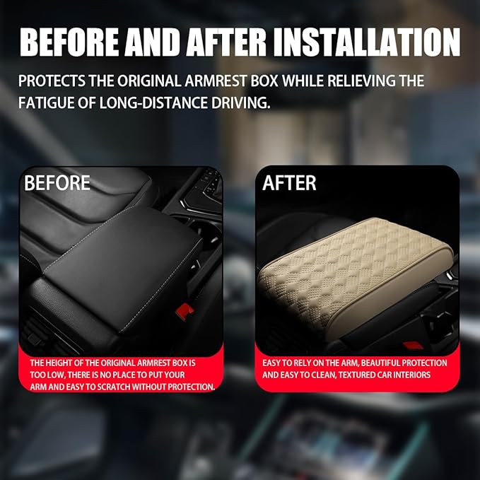 Car Armrest Cushion, Automotive Anti-Scratch Leather Memory Foam Center Console Pad Cover Protector Elbow Pillow Armrest Seat Box with Organizer Pockets Storage Bag, Universal Fit