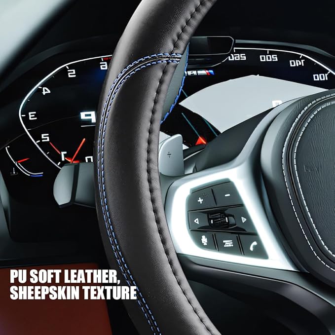 Car Steering Wheel Cover, 15 Inch Non-Slip Leather Full Surround Steering Wheel Guard with Inner Ring, Automotive Interior Protective Accessories, Compatible with Most Vehicle (Black/Blue)