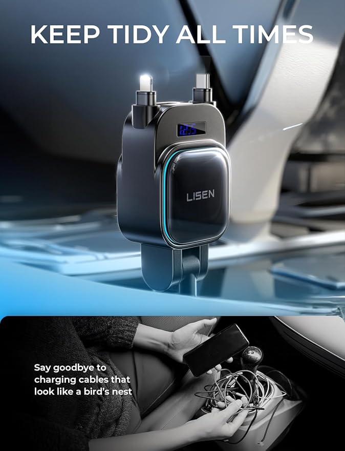 LISEN for iPhone 17 Pro Max Retractable Car Charger[USB C Cable & L Cable], 96W 4 in 1 Fast Charging Retractable Car Charger Cigarette Adapter for iPhone 16 15 14 13 12,Samsung Galaxy S25 S24, Android