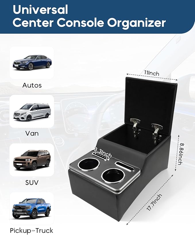 Upgraded Center Console, Truck Bench Front Seats Center Console Organizer and Storage, Cup & Phone Holder for Minivan, SUV, Middle Van