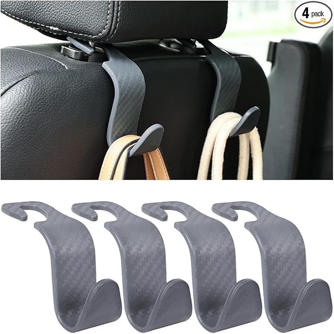 Hanemia 4PCS Car Seat Headrest Hooks, Auto Back Seat Hanger Holder, Durable Stylish Vehicle Organizer Universal Car Interior Accessories, Storage Hooks for Purses, Bags, Clothes (Carbon Fiber/Grey)