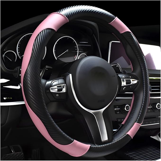 Car Steering Wheel Cover, 15 Inch Carbon Fiber Leather Stitching Color Steering Wheel Protector, Anti-Slip Elastic Breathable Steering Wheel Cover Stylish Decor for Most Cars (Black&Pink)