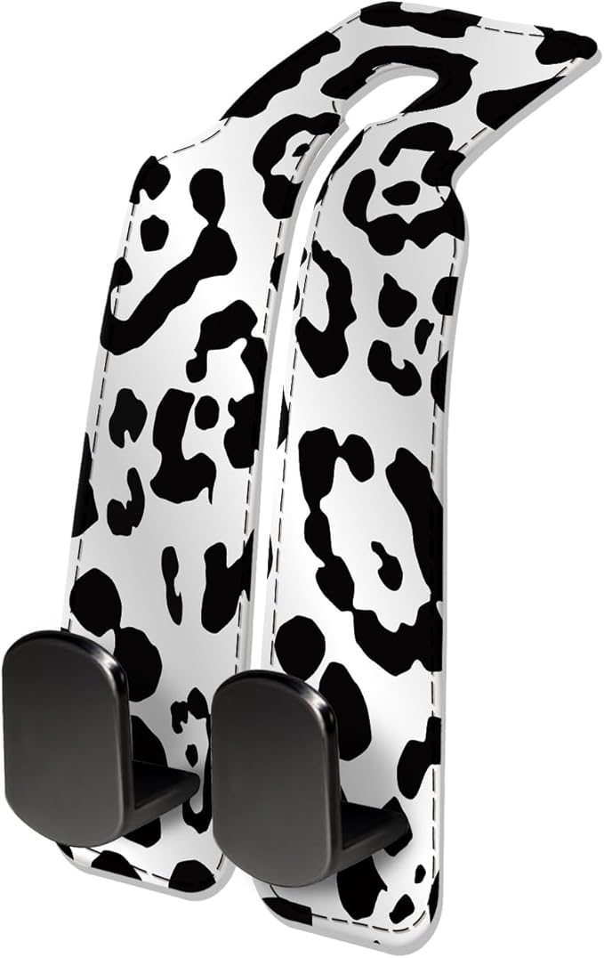 NUGGHU Car Seat Headrest Hook, Universal Leather Cute Hanger Holder Hook, Storage Organizer Interior Accessories for Purse Bags Handbag White Black Leopard