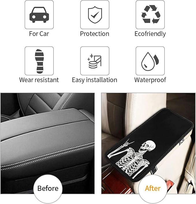 DORKEIXIA Black Funny Skull Human Skeleton Auto Center Console Armrest Pad Universal Car Center Console Cover Seat Box Cover for Sedan, Van, SUV, Truck Car Accessorie