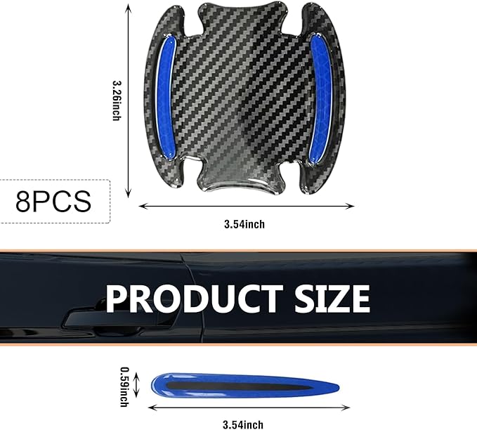 8 PCS Car Door Handle Scratch Protector, 3D Carbon Fiber Car Door Handle Protector, Self-Adhesive Reflective Sticker, Safety Warning, Cars Paint Protection Film (Blue)