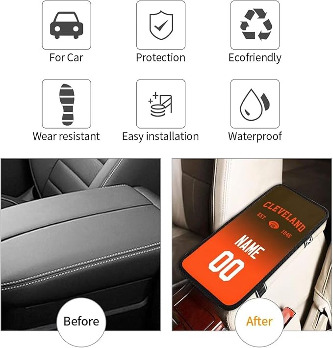 Custom Car Armrest Cover,Add Personalized Name and Number As Gifts for Loyal Football Fans,Auto Center Console Pad Car handrail Box Cushion,Fit for Most Car