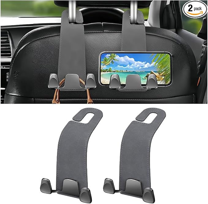 Car Seat Headrest Hook, 2PCS Leather & Metal Double Hook Vehicle Back Seat Hanger Holder for Phone Handbag Purse, Automobile Storage Organizer, Universal for Van Truck Sedan (Grey)