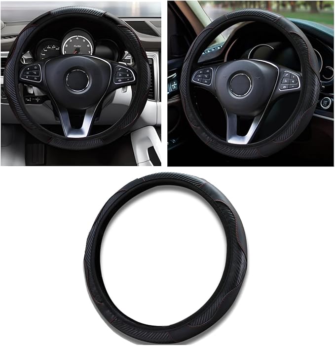 Car Steering Wheel Cover, 15 inch Carbon Fiber Microfiber PU Leather Elastic Steering Wheel Protector for Unisex, Anti-Slip Breathable Car Interior Accessories for Most Cars (Black)