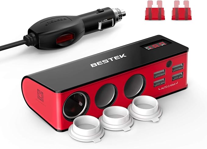 BESTEK 3-Socket Multi Port 200W Cigarette Lighter Car Power Adapter for 12V/24V DC Plug Outlet Supply 6A 4- Port Car USB Splitter Charger with Samsung Galaxy S9