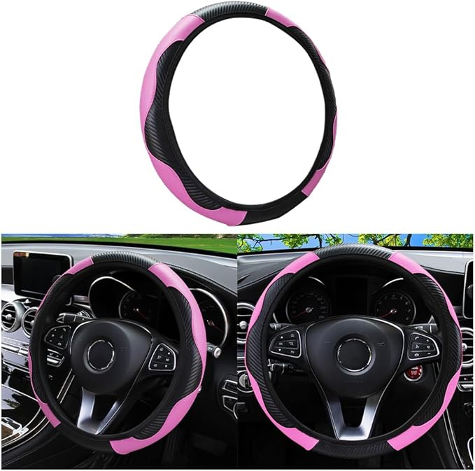 Car Steering Wheel Cover, Universal Microfiber PU Leather Elastic 15 inch Stitching Color Anti-Slip Steering Wheel Protector, Car Interior Accessories Steering Wheel Cover for Men Women (Pink)