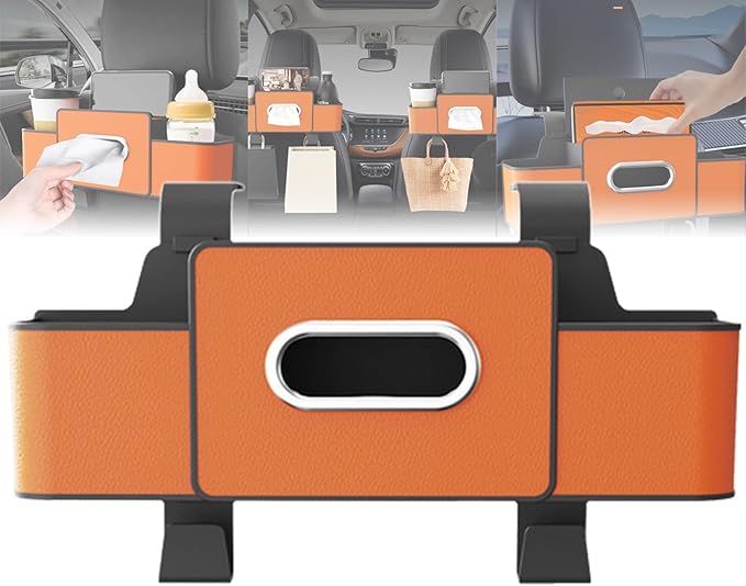 Car Organizers and Storage Box, 4 in 1 Multifunctional Car Organizer Back Seat with 2 Cup Holders & Tissue Box, Backseat Cars Organizer for Hold Phone, Snacks, Drinks, Handbag(Orange,1Pc)