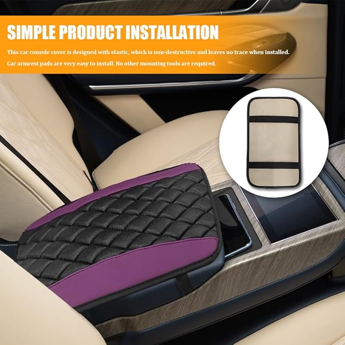 Car Center Console Cover, Leather Waterproof Armrest Seat Box Cushion Pad, Universal Decor Protector Mat, Comfortable Car Decor Accessories Fit for Most Cars, Vehicles, SUVs(Purple)