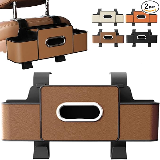 Car Organizer and Storage Box, Car Organizer and Storage Box Back Seat, 4 in 1 Multifunctional Car Back Seat Storage Box with Drink Cup Holder Tissue Box,for Drinks, Handbag (2, Dark Brown)
