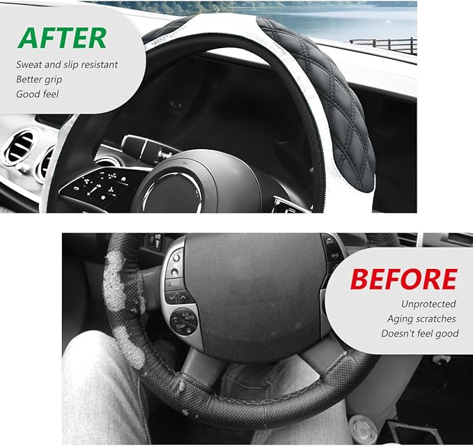 Car Steering Wheel Cover, 15 Inches Leather Steering Wheel Protector with Non-Slip Grip, Universal Wheel Covers Interior Decoration for Sedens Trucks SUVs, Car Accessories (White)