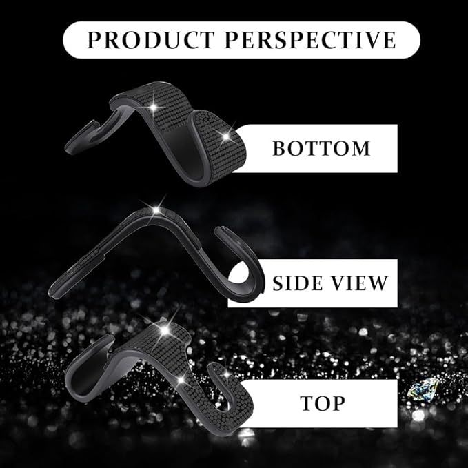 2PCS Car Seat Hooks, Purse Hook for Car, Crystal Rhinestone Vehicle Backseat Purse Holder, Auto Accessories Diamond Auto Seatback Storage Organizer Hanger for Handbag Clothes Purse (Black)