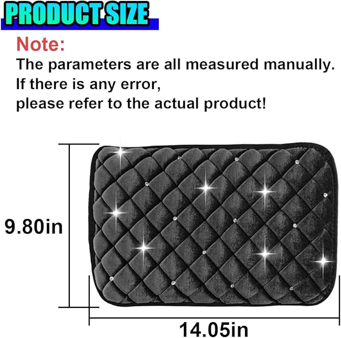 Bling Car Center Console Cover, Soft Comfortable Fluffy Car Armrest Cover, Crystal Rhinestone Seat Box Cushion Protector, Automotive Interior Decoration Accessories for Most Vehicles (Black)