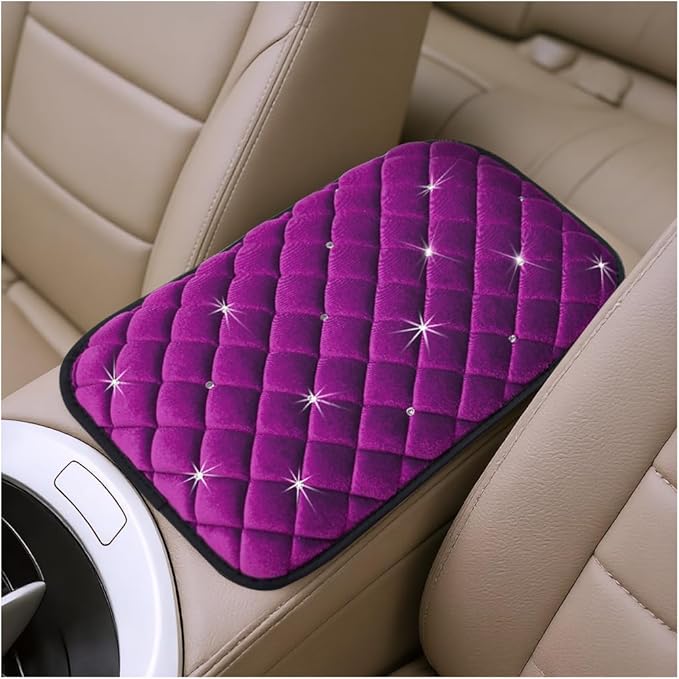 Car Center Console Cover, Crystal Rhinestone Fluffy Soft Vehicle Armrest Seat Box Cushion Pad, Automotive Interior Middle Console Protector, Universal for Automobile RV Truck (Purple)