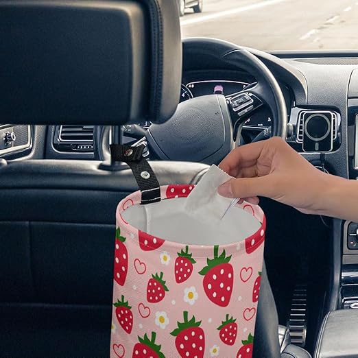 Strawberry and Flower Car Trash Can Waterproof Garbage Can Car-Seat Back Hanging Trash Bag Portable Camping Waste Bin Storage Bag Collapsible Rubbish Container for Women Car (5.9" W,7.2" H)