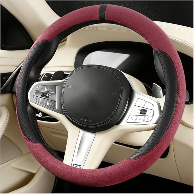 HZEL Car Steering Wheel Cover, Non-Slip Suede Leather Breathable Vehicle Steering Wheel Protector with Inner Ring, Automotive Interior Protective Accessories, Universal Fit (Red)