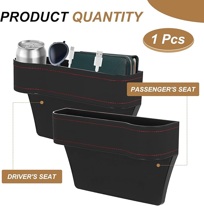 HARFINGTON Car Seat Gap Filler Organizer 10.2 x 6.5 x 3.1 Inch ABS+Leather Universal Car Organizer Storage Box Between Seat and Console (Left) with Cup Holders for Phone Keys, Black