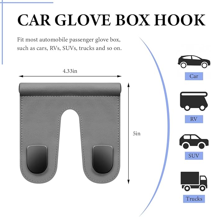 Car Co-Pilot Glovebox Hooks, Anti-Scratch Leather Hanger Auto Glove Box Front Seat Hook, Universal Vehicle Glove Box Organizer Hanger for Hanging Handbag Purse Umbrella (Gray, Double Hooks)