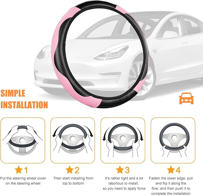 Carbon Fiber Car Steering Wheel Cover, 14.5-15 Inch Elastic Stretch Steering Wheel Guard, Sports Style Non-Slip Automotive Interior Accessories, Universal for Vehicles (Black/Pink)