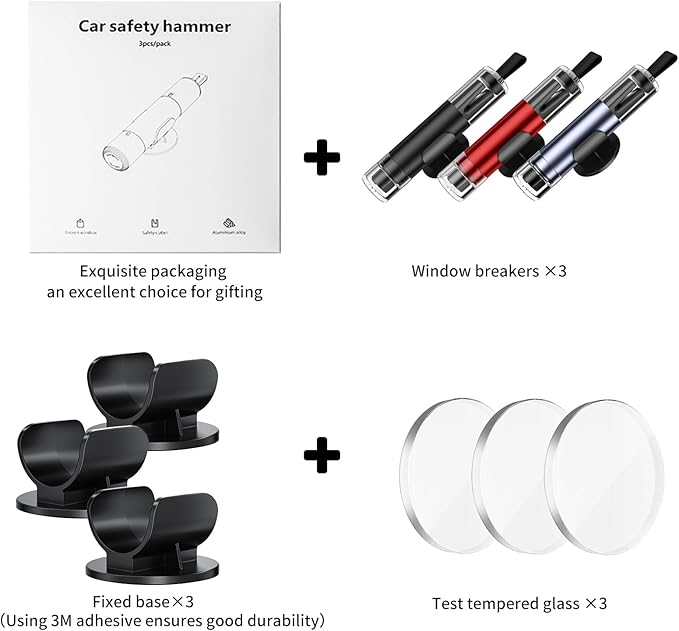 SKINNYON Window Breaker Seatbelt Cutter for All Cars, 3 Pack Upgraded Transparent Lid Safe Hammer Glass Breaker Under Water, 2 in 1 Emergency car Escape Tool, Small car Window Breaker Tool, car Things