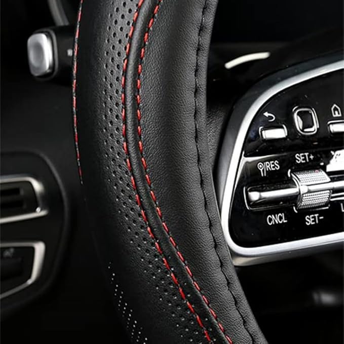 Cowhide Steering Wheel Cover Heat Resistant Anti-Slip Car Wheel Wrap Compatible with Most Makes and Models of Cars and Trucks with 14.5 to 15 Inch Steering Wheel(Black)