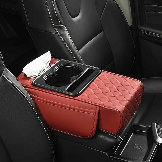 Car Armrest Pad for Nissan Altima 2013-2018, PU Leather 5-in-1 Armrest Storage Box Center Console Cover Armrest Cushion Arm Rest Cushion Pads with Cup Holders and Tissue Box, G/Red