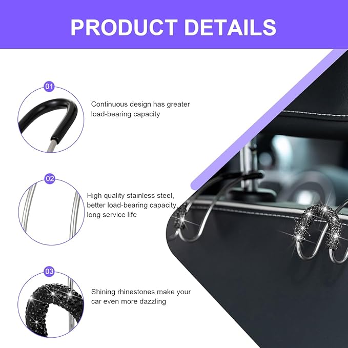Bling Car Headrest Hook, 2PCS Crystal Rhinestone Vehicle Seat Purse Bag Organizer Hanger, Diamond Automotive Backseat Storage Holder Hook Accessories, Universal for SUV Truck Van (Black)