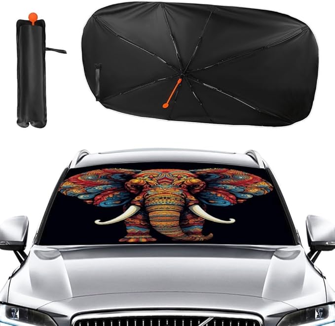 Buyidec Car Windshield Sunshade Umbrella Boho Vintage Elephant Foldable Car Windshield Sun Shade Cover Front Window Heat Insulation Protection Fit Most Vehicle 57 X 30 in