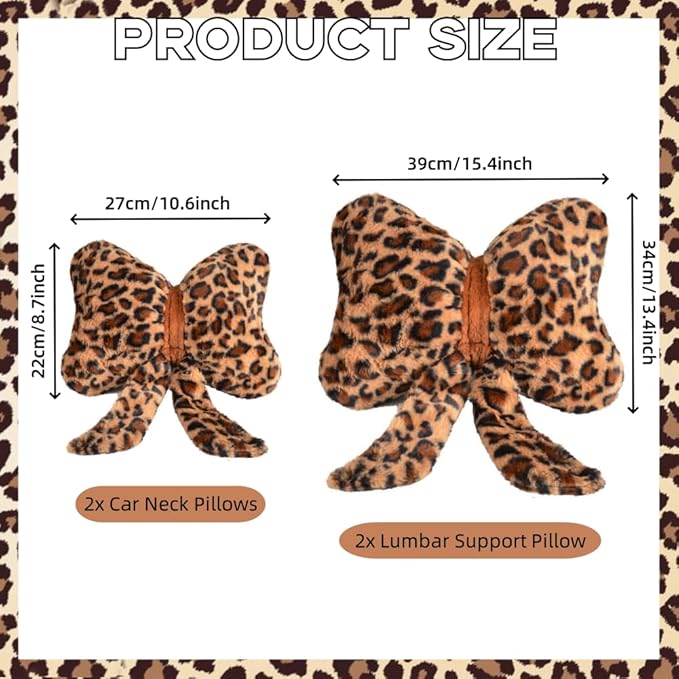 LYFJMUS 4 Pack Plush Bow Car Headrest Pillow and Lumbar Support Pillow Soft Butterfly Car Neck Pillows for Driving Cars Decor (Brown Leopard)