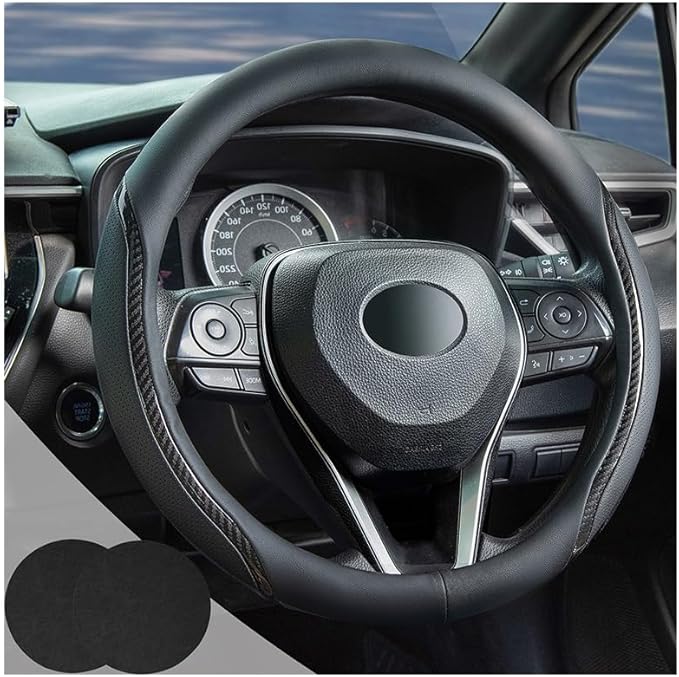 Muamos Car Steering Wheel Cover Black, 14-14.5 inch Steering Wheel Covers with Coasters Microfiber Leather Carbon Fiber Breathable Anti-Slip Durable Universal Auto Steering Wheel Protective