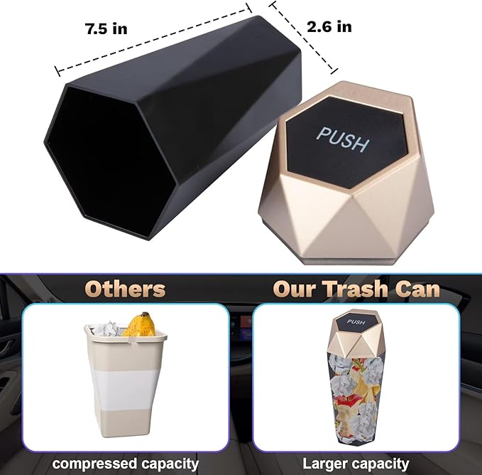 Car Trash Can, 2 Pack Car Trash Bin with Lid, Car Accessories for Women Interior, Car Garbage Can with Additional 2 ABS Hooks and 60pcs Trash Bags, Suitable for Home, Office, Car Organizer, Gold
