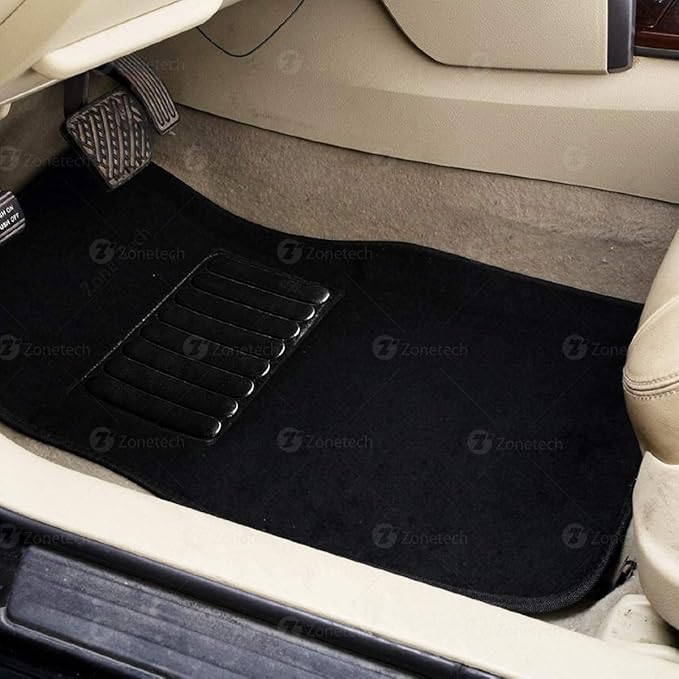 Zone Tech All Weather Carpet Vehicle Floor Mats- 4-Piece Black Premium Quality Carpeted Floor Liners Plus Vinyl Heel Pad for Additional Protection - Driver Seat, Passenger Seat and Rear