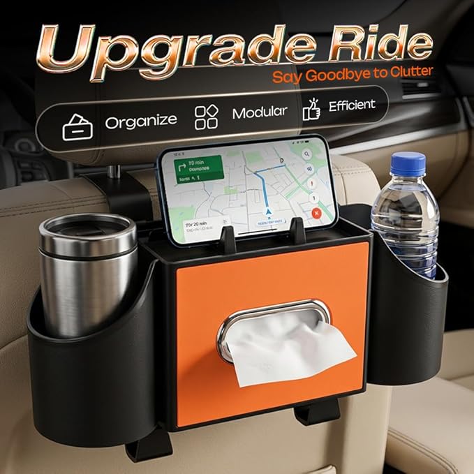 4-in-1 Car Backseat Organizer with Cup Holder, 2026 Upgraded Multifunctional Car Back Seat Organizer with Tissue Box, Trash Bin & Hooks for Hold Phones, Snacks, Drinks, and Handbags (Orange)